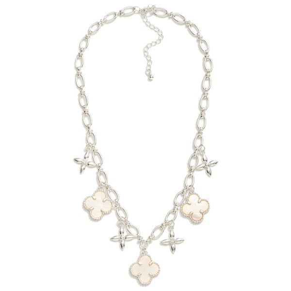 Chain Link Charm Necklace Featuring Pearlescent Clovers & Star Charms 

- Approximately 18" L
- Extender 3" L