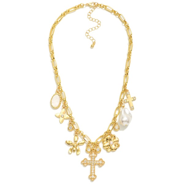 Chain Link Charm Necklace Featuring Crosses, Flowers, & Pearls 

- Approximately 18" L
- Extender 3" L