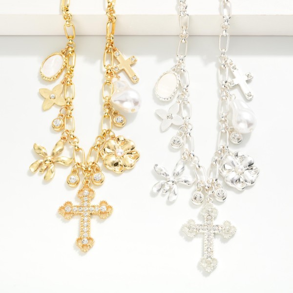 Chain Link Charm Necklace Featuring Crosses, Flowers, & Pearls 

- Approximately 18" L
- Extender 3" L