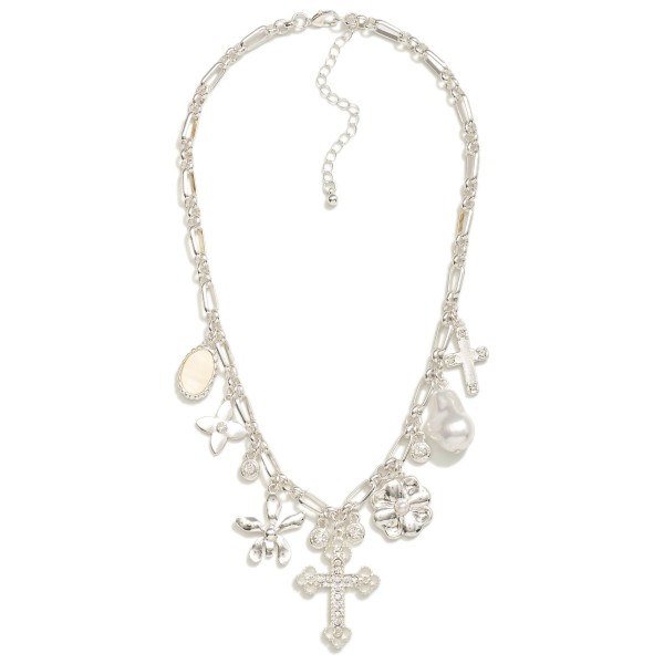 Chain Link Charm Necklace Featuring Crosses, Flowers, & Pearls 

- Approximately 18" L
- Extender 3" L