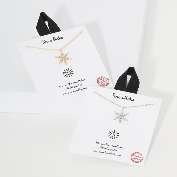 Dainty Chain Link Necklace Featuring Cubic Zirconia Snowflake Pendant 						
						
- Approximately 16" L						
- Extender 2" L						
- Hypoallergenic Brass Base						
- 18K Gold Dipped						
- Card: "We are like snowflakes. All different in our own beautiful way."