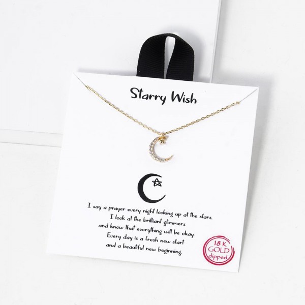 Dainty Chain Link Necklace Featuring Cubic Zirconia Crescent Moon & Star Pendant 						
						
- Approximately 16" L						
- Extender 2" L						
- Hypoallergenic Brass Base						
- 18K Gold Dipped						
- Card: "I say a prayer every night looking up at the stars. I look at the brilliant glimmers and know that everything will be okay. Every day is a fresh new start and a beautiful new beginning."						