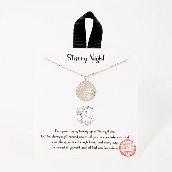 Dainty Chain Link Necklace Featuring Moon & Stars Pendant  				
					
- Approximately 16" L					
- Extender 2" L					
- Hypoallergenic Brass Base					
- 18K Gold Dipped					
- Card: "End your day by looking up at at the night sky. Let the starry night remind you of all your accomplishments and everything you live through today and every day. Be proud of yourself and all that you have done."