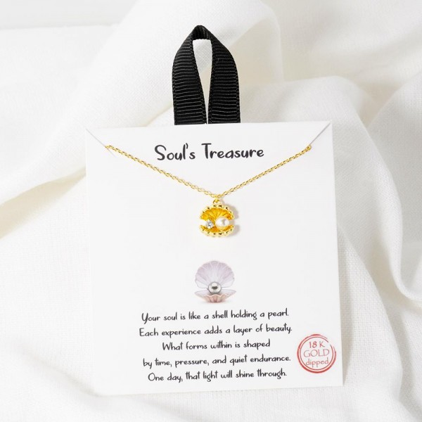 Dainty Chain Link Necklace Featuring Metal Tone Shell & Pearl Pendant With Cubic Zirconia Details 		
					
- Approximately 16" L					
- Extender 2" L					
- Hypoallergenic Brass Base					
- 18K Gold Dipped					
- Card: "Your soul is like a shell holding a pearl. Each experience adds a layer of beauty. What forms within is shaped by time, pressure, and quiet endurance. One day, that light will shine through."