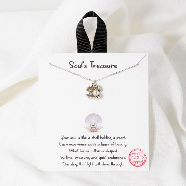 Dainty Chain Link Necklace Featuring Metal Tone Shell & Pearl Pendant With Cubic Zirconia Details 		
					
- Approximately 16" L					
- Extender 2" L					
- Hypoallergenic Brass Base					
- 18K Gold Dipped					
- Card: "Your soul is like a shell holding a pearl. Each experience adds a layer of beauty. What forms within is shaped by time, pressure, and quiet endurance. One day, that light will shine through."