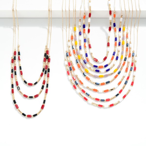 Layered Chain Link Necklace Featuring Glass Crystals & Metal Tone Beads 

- Approximately 20" L 