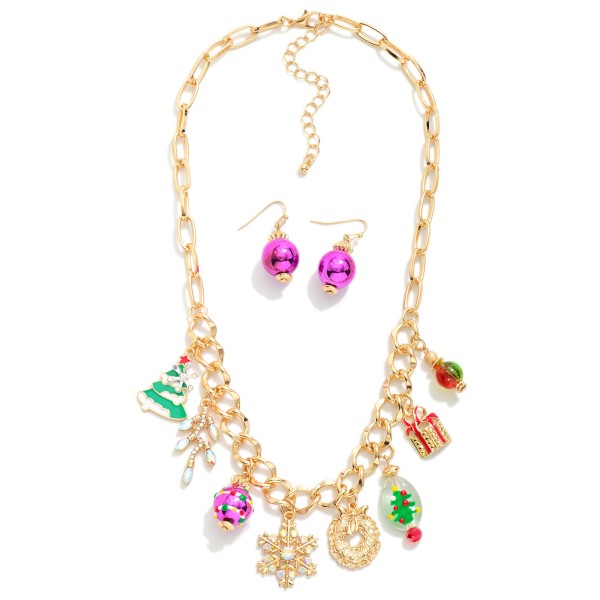 Chain Link Necklace Featuring Christmas Charms

- Earrings Included
- Earring Approximately 1.5" L 
- Necklace Approximately 16" L
- Extender 3" L
