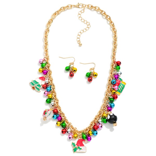 Chain Link Charm Necklace Featuring Jingle Bells & Christmas Charms 

- Jingle Bell Drop Earrings Included 
- Approximately 14" L
- Extender 3" L