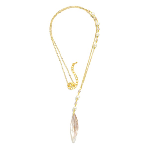 Long Chain Link Necklace Featuring Pearl Stations & Shell Pendant 

- Approximately 20" L
- Extender 3" L