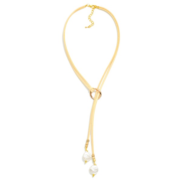 Leather Y Necklace Featuring Flat Pearl Pendants 

- Approximately 14" L
- Extender 2" L