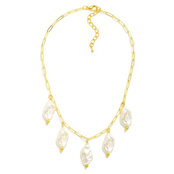 Paperclip Chain Necklace Featuring Baroque Pearl Charms 

- Approximately 14" L
- Extender 2" L