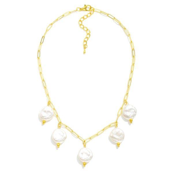 Paperclip Chain Link Necklace Featuring Flat Pearl Charms 

- Approximately 14" L
- Extender 2" L