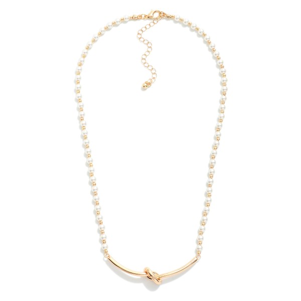Pearl & Metal Tone Beaded Necklace Featuring Metal Tone Knotted Bar 

- Approximately 16" L
- Extender 3" L