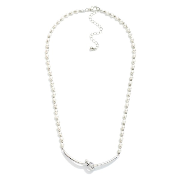Pearl & Metal Tone Beaded Necklace Featuring Metal Tone Knotted Bar 

- Approximately 16" L
- Extender 3" L