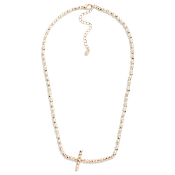 Pearl & Metal Tone Beaded Necklace Featuring Metal Tone Beaded Cross

- Approximately 16" L
- Extender 3" L

