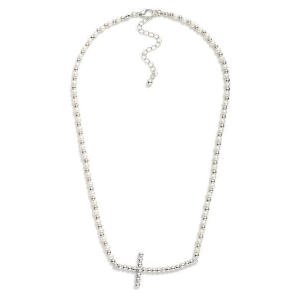 Pearl & Metal Tone Beaded Necklace Featuring Metal Tone Beaded Cross

- Approximately 16" L
- Extender 3" L


