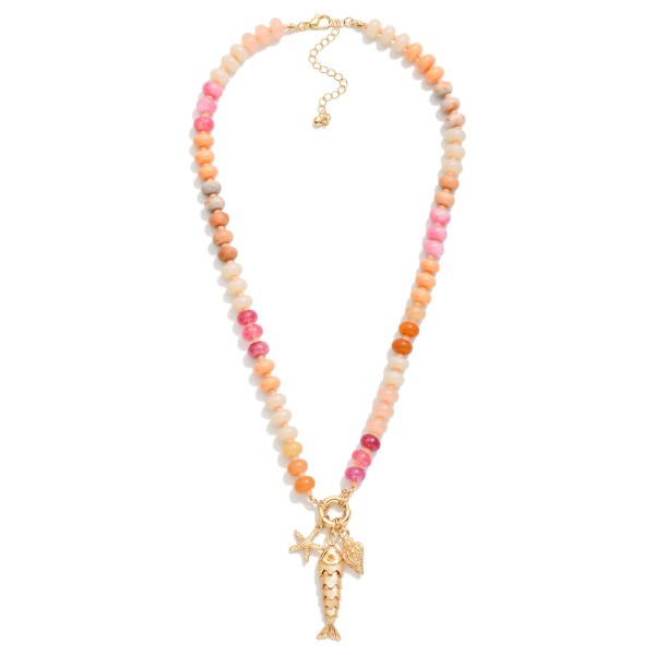 Wholesale rainbow Stone Beaded Necklace Metal Fish Sea Creatures Pendant L Exten