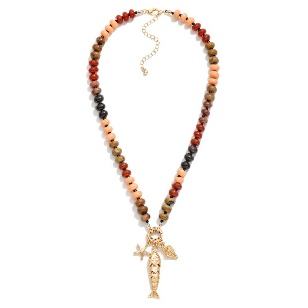 Wholesale rainbow Stone Beaded Necklace Metal Fish Sea Creatures Pendant L Exten