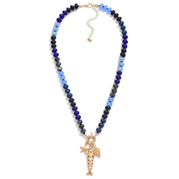 Wholesale rainbow Stone Beaded Necklace Metal Fish Sea Creatures Pendant L Exten