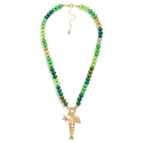 Wholesale rainbow Stone Beaded Necklace Metal Fish Sea Creatures Pendant L Exten