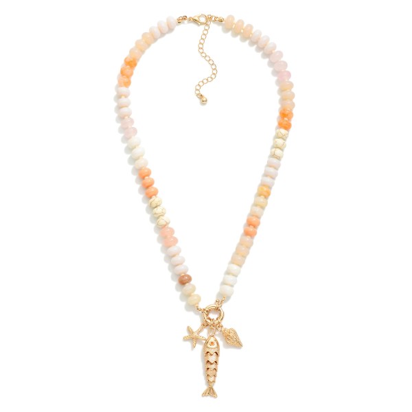 Wholesale rainbow Stone Beaded Necklace Metal Fish Sea Creatures Pendant L Exten