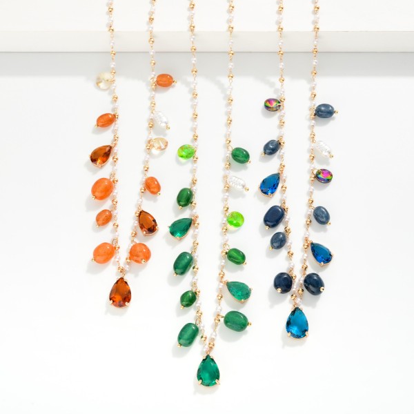 Metal Tone & Pearl Beaded Linked Necklace Featuring Glass Crystal, Stone & Pearl Charms 

- Approximately 16" L
- Extender 3" L