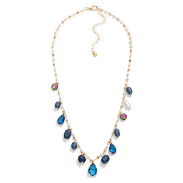 Metal Tone & Pearl Beaded Linked Necklace Featuring Glass Crystal, Stone & Pearl Charms 

- Approximately 16" L
- Extender 3" L