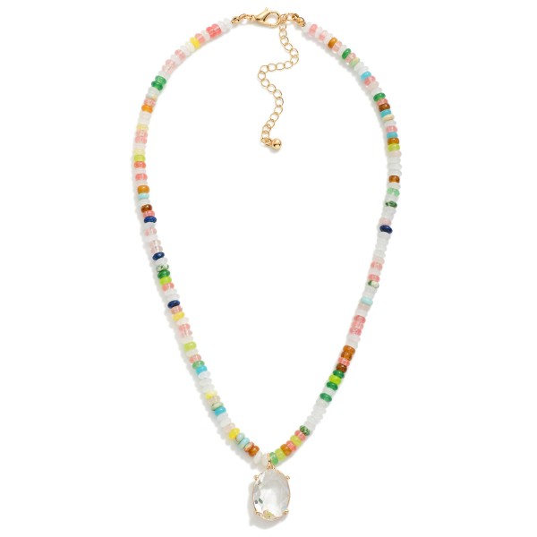 Stone Disk Beaded Necklace Featuring Glass Crystal Pendant

- Approximately 16" L 