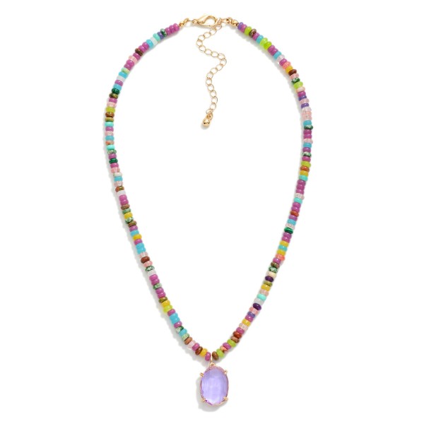 Stone Disk Beaded Necklace Featuring Glass Crystal Pendant

- Approximately 16" L 