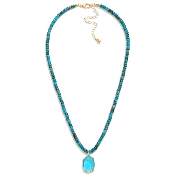 Stone Disk Beaded Necklace Featuring Glass Crystal Pendant

- Approximately 16" L 