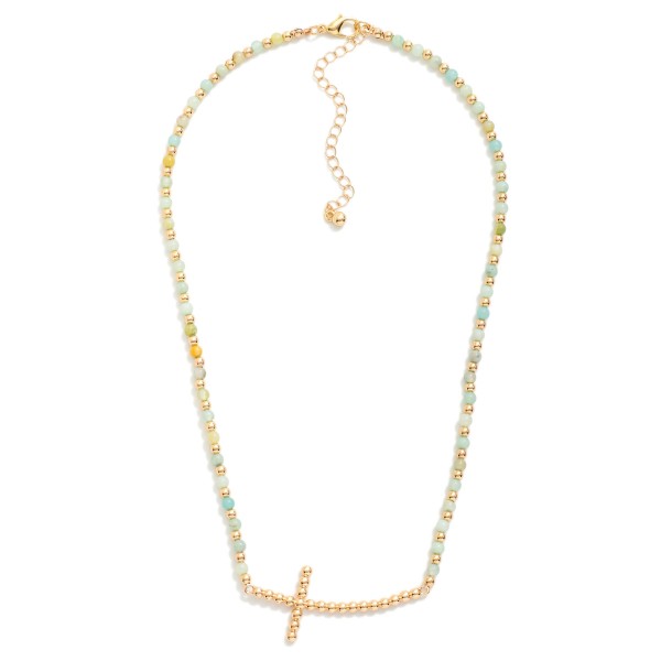 Stone Beaded Necklace Featuring Metal Tone Bubble East West Cross Pendant 

- Approximately 16" L
- Extender 3" L