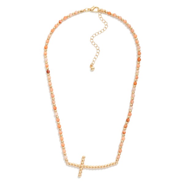 Stone Beaded Necklace Featuring Metal Tone Bubble East West Cross Pendant 

- Approximately 16" L
- Extender 3" L