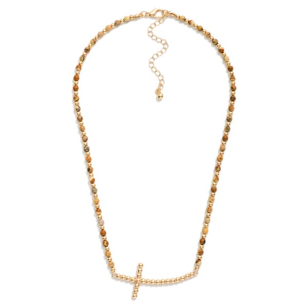 Stone Beaded Necklace Featuring Metal Tone Bubble East West Cross Pendant 

- Approximately 16" L
- Extender 3" L