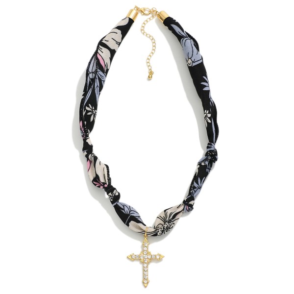 Floral Bandana Necklace Featuring Cross Pendant 
- Approximately 20" L