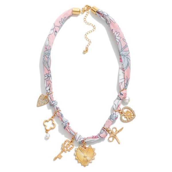 Floral Bandana Charms Necklace Featuring Pearls, & Rhinestones 

- Approximately 20" L 