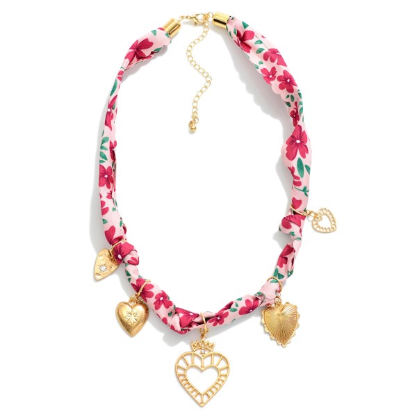 Floral Bandana Necklace Featuring Gold Tones And Heart Charms

- Approximately 20" L 