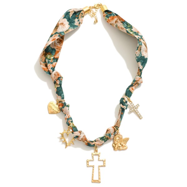 Floral Bandana Charm Necklace Featuring Gold Tones, Rhinestones And Heart Shaped "Amazing Women" 

- Approximately 20" L