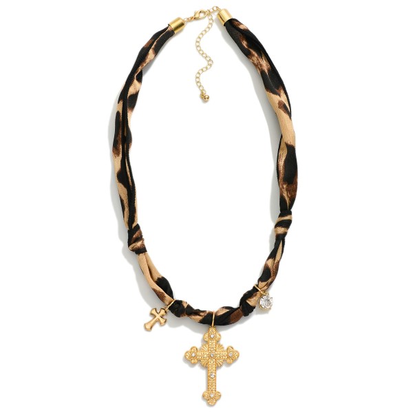 Leopard Bandana Necklace Featuring Gold Tones, Rhinestones And Cross Pendent 

-Approximately 20" L