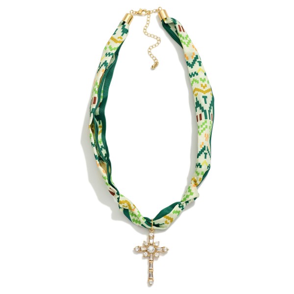 Abstract Geometric Print Bandana Necklace Featuring Cross Pendant 

- Approximately 22" L