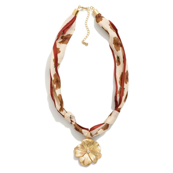 Floral Bandana Necklace Featuring Gold Tone Flower Pendant 

- Approximately 20" L