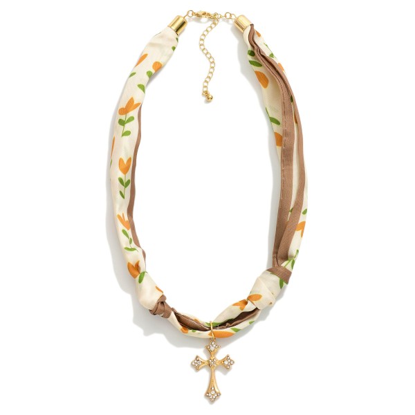 Floral Bandana Necklace Featuring Gold Tone Flower Pendant 

- Approximately 18" L