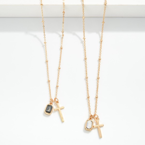 Dainty Chain Link Necklace With Cross And Glass Crystal Pendent Featuring Metal Ball Stations 
- Approximately 16" L