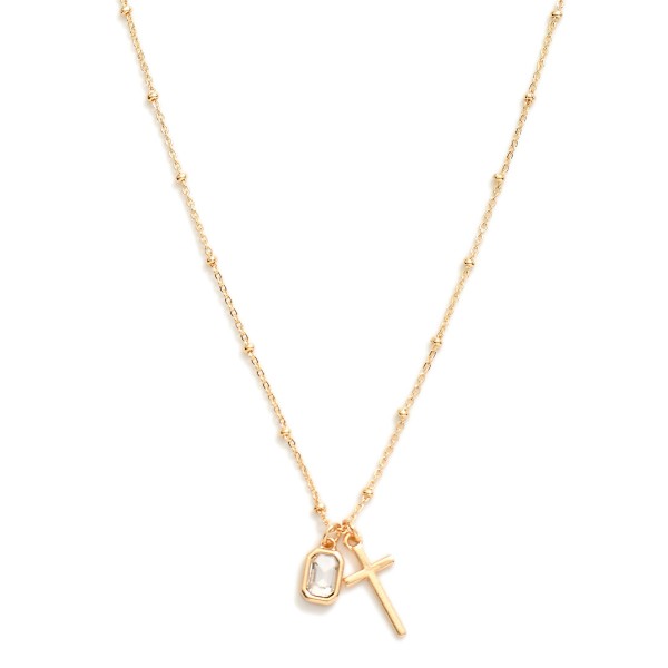 Dainty Chain Link Necklace With Cross And Glass Crystal Pendent Featuring Metal Ball Stations 

- Approximately 16" L 
