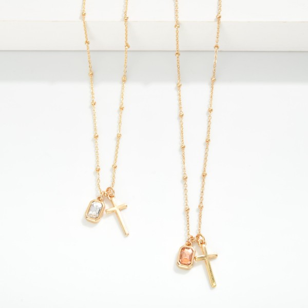 Dainty Chain Link Necklace With Cross And Glass Crystal Pendent Featuring Metal Ball Stations 

- Approximately 16" L 