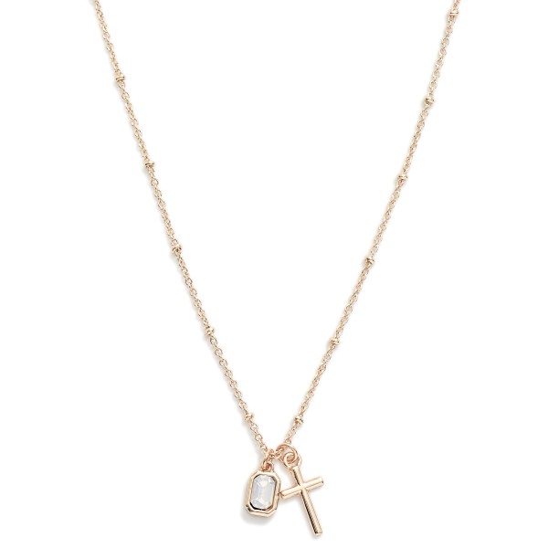 Dainty Chain Link Necklace With Cross And Glass Crystal Pendent Featuring Metal Ball Stations 
- Approximately 16" L