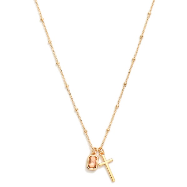 Dainty Chain Link Necklace With Cross And Glass Crystal Pendent Featuring Metal Ball Stations 

- Approximately 16" L 