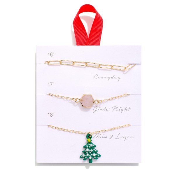 Set Of Three Chain Link Pendant Necklaces Featuring Pearls, Stone & Christmas Tree
- Approximately 16" L - 18" L