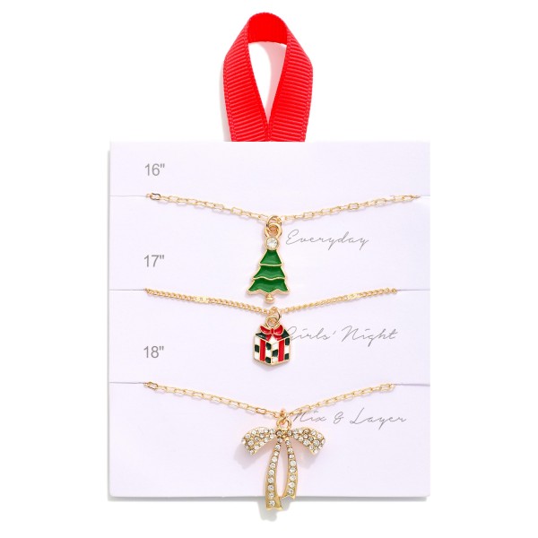 Set Of Three Chain Link Christmas Pendant Necklaces Featuring Rhinestone And Enamel Detailing
- Approximately 16" L - 18" L