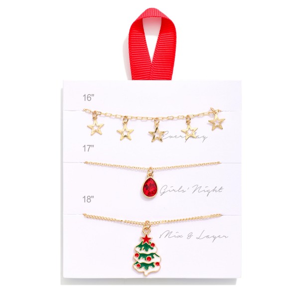 Set Of Three Chain Link Christmas Pendant Necklaces Featuring Rhinestone And Enamel Detailing
- Approximately 16" L - 18" L