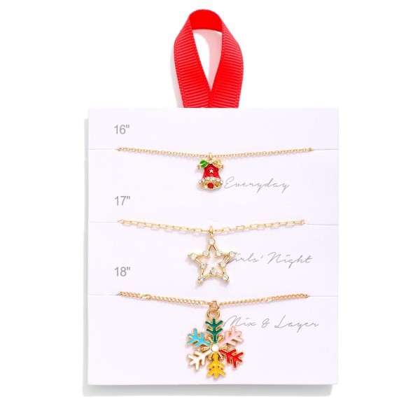 Set Of Three Chain Link Christmas Pendant Necklaces Featuring Rhinestone And Enamel Detailing
- Approximately 16" L - 18" L